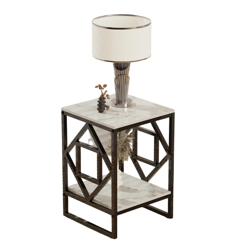 Side Table  2-Tier  Sintered Stone 40x40x58cm Square with Metal Frame Storage Shelf