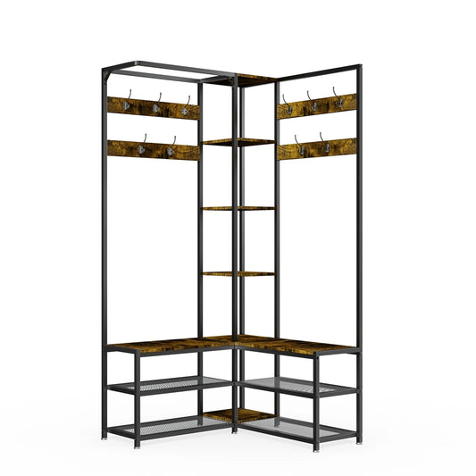 Corner Coat Rack Stand with Shoe Bench 146x30x178.5cm Metal MDF 10 Hooks Hall Tree