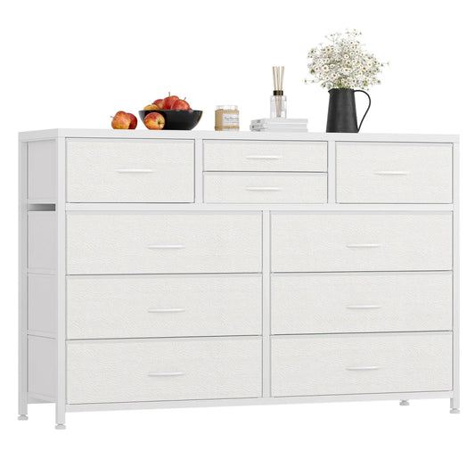 White Storage Unit  -10 Drawers - Dresser TV Stand Metal MDF Fabric Drawers Assembly