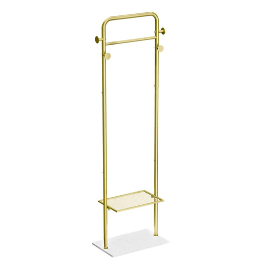 Corner Coat Rack Stand Gold Metal with Marble Base 4 Hooks 2 Tier Shelf 50x30x175cm