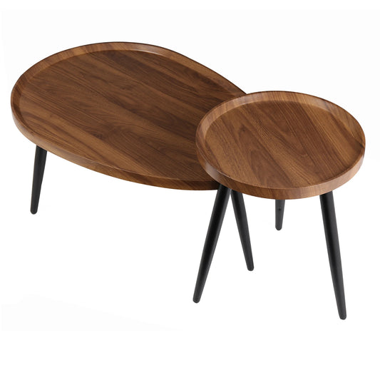 Coffee Table Set 2-Piece Round Nesting Tables Walnut MDF Top with Metal Legs