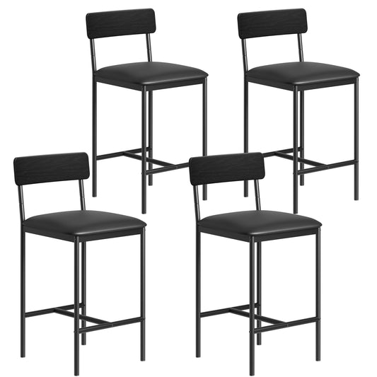 4pcs Bar Stools PU Leather - Black - Counter Height Chairs with Backrest Metal Frame 25.5in Seat