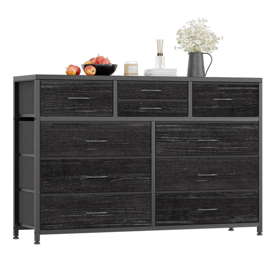 Black Storage -10 Drawers - Dresser TV Stand  Unit Metal MDF Fabric Drawers Assembly
