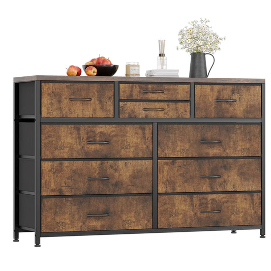 Brown Storage Unit -10 Drawers -  Dresser TV Stand Rustic  Metal MDF Fabric Drawers Assembly