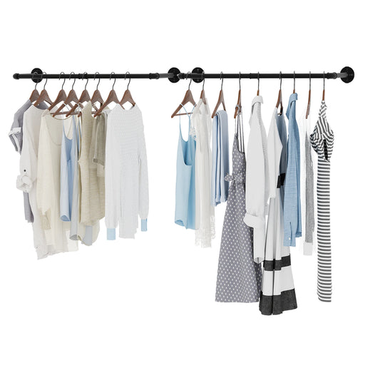 Pack of 2 Wall-Mounted Industrial Pipe Clothing Racks Black Metal with Hooks - 92 x 25 cm / 36.2 x 9.8 inch