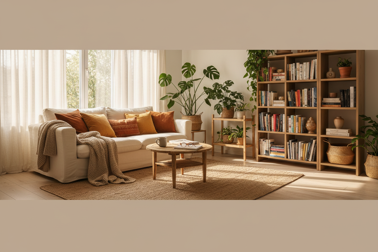 Warm Living Room Banner with Orange Pillows